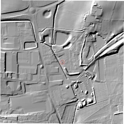Shaded relief map of the ground around LE652AF, computed from Environment Agency LiDAR. The ground here sits at about 134 m above sea level and falls 23 m across the surrounding 800 m. Surface water reaching this point runs off ground lying to the north-north-east, 17.2 m higher.