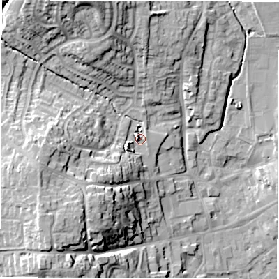 Shaded relief map of the ground around LE652AU, computed from Environment Agency LiDAR. The ground here sits at about 129 m above sea level and falls 25 m across the surrounding 800 m. Surface water reaching this point runs off ground lying to the south-west, 19.7 m higher.