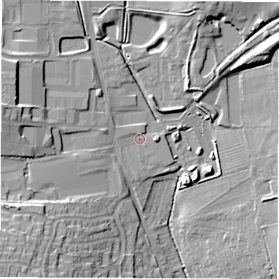 Shaded relief map of the ground around LE652AY, computed from Environment Agency LiDAR. The ground here sits at about 134 m above sea level and falls 23 m across the surrounding 800 m. Surface water reaching this point runs off ground lying to the south-west, 17.8 m higher.