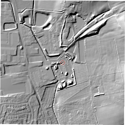 Shaded relief map of the ground around LE652AZ, computed from Environment Agency LiDAR. The ground here sits at about 133 m above sea level and falls 25 m across the surrounding 800 m. Surface water reaching this point runs off ground lying to the north, 14.5 m higher.