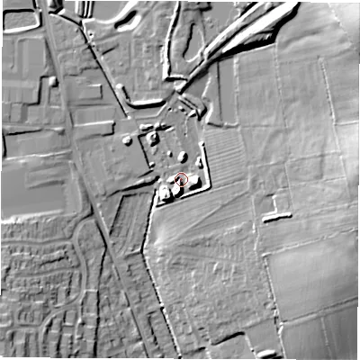 Shaded relief map of the ground around LE652BB, computed from Environment Agency LiDAR. The ground here sits at about 133 m above sea level and falls 29 m across the surrounding 800 m. Surface water reaching this point runs off ground lying to the north-east, 23.3 m higher.