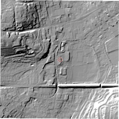 Shaded relief map of the ground around LE652GP, computed from Environment Agency LiDAR. The ground here sits at about 124 m above sea level and falls 29 m across the surrounding 800 m. Surface water reaching this point runs off ground lying to the north-west, 2.3 m higher.