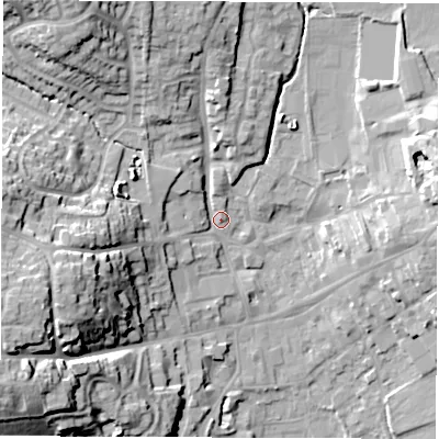 Shaded relief map of the ground around LE652HE, computed from Environment Agency LiDAR. The ground here sits at about 125 m above sea level and falls 26 m across the surrounding 800 m. Surface water reaching this point runs off ground lying to the west-south-west, 22.3 m higher.