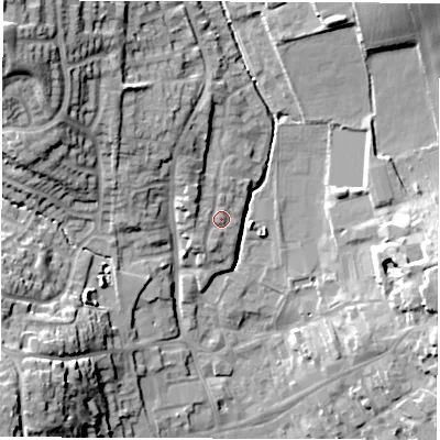 Shaded relief map of the ground around LE652JH, computed from Environment Agency LiDAR. The ground here sits at about 128 m above sea level and falls 26 m across the surrounding 800 m. Surface water reaching this point runs off ground lying to the north-west, 3.1 m higher.
