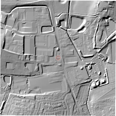 Shaded relief map of the ground around LE652UG, computed from Environment Agency LiDAR. The ground here sits at about 136 m above sea level and falls 25 m across the surrounding 800 m. Surface water reaching this point runs off ground lying to the west, 13.6 m higher.