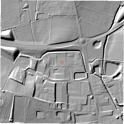 Shaded relief map of the ground around LE652UZ, computed from Environment Agency LiDAR. The ground here sits at about 138 m above sea level and falls 23 m across the surrounding 800 m. Surface water reaching this point runs off ground lying to the north-north-west, 1.3 m higher.