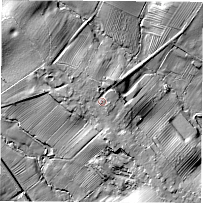 Shaded relief map of the ground around LE671BT, computed from Environment Agency LiDAR. The ground here sits at about 147 m above sea level and falls 32 m across the surrounding 800 m. Surface water reaching this point runs off ground lying to the south-east, 2.6 m higher.
