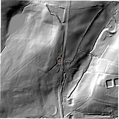 Shaded relief map of the ground around LE672AN, computed from Environment Agency LiDAR. The ground here sits at about 131 m above sea level and falls 26 m across the surrounding 800 m. Surface water reaching this point runs off ground lying to the north, 12.5 m higher.