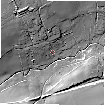 Shaded relief map of the ground around LE672FU, computed from Environment Agency LiDAR. The ground here sits at about 130 m above sea level and falls 32 m across the surrounding 800 m. Surface water reaching this point runs off ground lying to the north-north-west, 24.9 m higher.