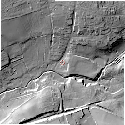 Shaded relief map of the ground around LE672GB, computed from Environment Agency LiDAR. The ground here sits at about 130 m above sea level and falls 29 m across the surrounding 800 m. Surface water reaching this point runs off ground lying to the north-north-east, 24.3 m higher.