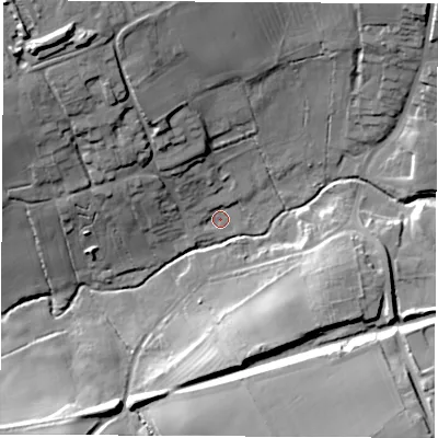 Shaded relief map of the ground around LE672JD, computed from Environment Agency LiDAR. The ground here sits at about 128 m above sea level and falls 32 m across the surrounding 800 m. Surface water reaching this point runs off ground lying to the north-west, 8.0 m higher.