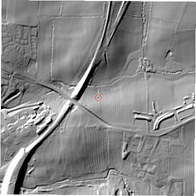 Shaded relief map of the ground around LE672JE, computed from Environment Agency LiDAR. The ground here sits at about 140 m above sea level and falls 21 m across the surrounding 800 m. Surface water reaching this point runs off ground lying to the east-south-east, 13.5 m higher.