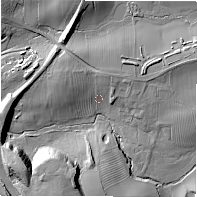 Shaded relief map of the ground around LE672NA, computed from Environment Agency LiDAR. The ground here sits at about 142 m above sea level and falls 30 m across the surrounding 800 m. Surface water reaching this point runs off ground lying to the south-south-west, 28.3 m higher.