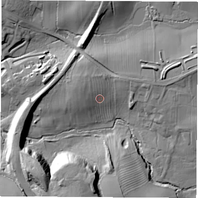 Shaded relief map of the ground around LE672NB, computed from Environment Agency LiDAR. The ground here sits at about 143 m above sea level and falls 31 m across the surrounding 800 m. Surface water reaching this point runs off ground lying to the south, 28.3 m higher.