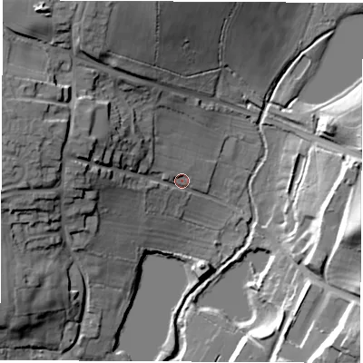 Shaded relief map of the ground around LE672QF, computed from Environment Agency LiDAR. The ground here sits at about 113 m above sea level and falls 31 m across the surrounding 800 m. Surface water reaching this point runs off ground lying to the west-north-west, 21.1 m higher.