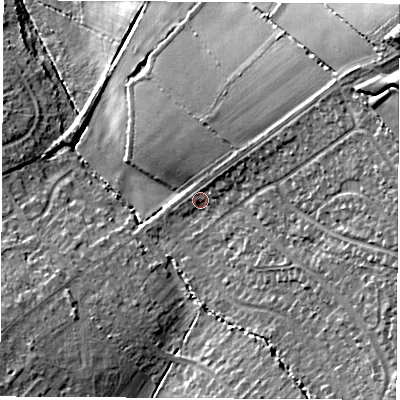 Shaded relief map of the ground around LE674DP, computed from Environment Agency LiDAR. The ground here sits at about 164 m above sea level and falls 29 m across the surrounding 800 m. Surface water reaching this point runs off ground lying to the north-east, 22.4 m higher.