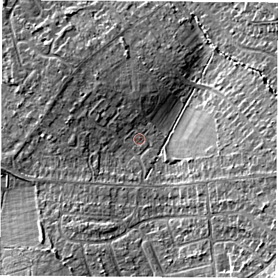 Shaded relief map of the ground around LE674QW, computed from Environment Agency LiDAR. The ground here sits at about 166 m above sea level and falls 12 m across the surrounding 800 m. Surface water reaching this point runs off ground lying to the east-south-east, 7.1 m higher.