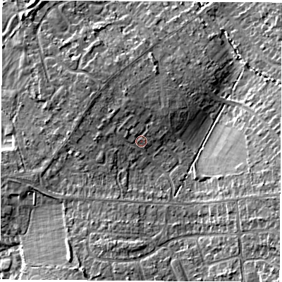 Shaded relief map of the ground around LE674QY, computed from Environment Agency LiDAR. The ground here sits at about 167 m above sea level and falls 12 m across the surrounding 800 m. Surface water reaching this point runs off ground lying to the north-west, 1.9 m higher.