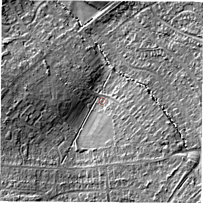 Shaded relief map of the ground around LE674RF, computed from Environment Agency LiDAR. The ground here sits at about 165 m above sea level and falls 16 m across the surrounding 800 m. Surface water reaching this point runs off ground lying to the south-east, 9.5 m higher.