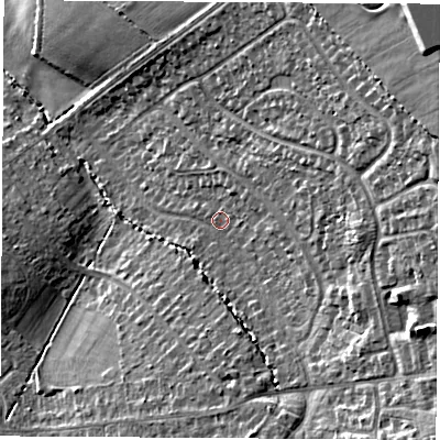 Shaded relief map of the ground around LE674SA, computed from Environment Agency LiDAR. The ground here sits at about 166 m above sea level and falls 26 m across the surrounding 800 m. Surface water reaching this point runs off ground lying to the east-north-east, 15.1 m higher.
