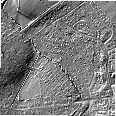 Shaded relief map of the ground around LE674SB, computed from Environment Agency LiDAR. The ground here sits at about 166 m above sea level and falls 24 m across the surrounding 800 m. Surface water reaching this point runs off ground lying to the east-north-east, 12.6 m higher.