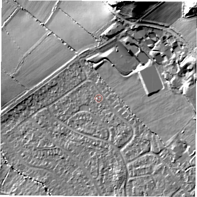 Shaded relief map of the ground around LE674SE, computed from Environment Agency LiDAR. The ground here sits at about 175 m above sea level and falls 53 m across the surrounding 800 m. Surface water reaching this point runs off ground lying to the north-east, 30.6 m higher.