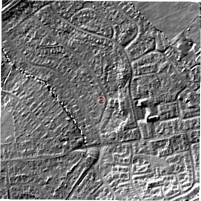 Shaded relief map of the ground around LE674SS, computed from Environment Agency LiDAR. The ground here sits at about 170 m above sea level and falls 32 m across the surrounding 800 m. Surface water reaching this point runs off ground lying to the east-north-east, 11.4 m higher.