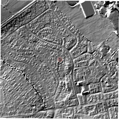 Shaded relief map of the ground around LE674SW, computed from Environment Agency LiDAR. The ground here sits at about 173 m above sea level and falls 40 m across the surrounding 800 m. Surface water reaching this point runs off ground lying to the east, 3.1 m higher.