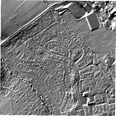 Shaded relief map of the ground around LE674SY, computed from Environment Agency LiDAR. The ground here sits at about 172 m above sea level and falls 38 m across the surrounding 800 m. Surface water reaching this point runs off ground lying to the east-north-east, 6.3 m higher.