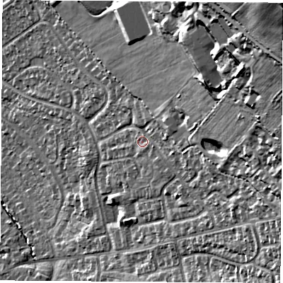 Shaded relief map of the ground around LE674TA, computed from Environment Agency LiDAR. The ground here sits at about 180 m above sea level and falls 60 m across the surrounding 800 m. Surface water reaching this point runs off ground lying to the east-north-east, 30.3 m higher.