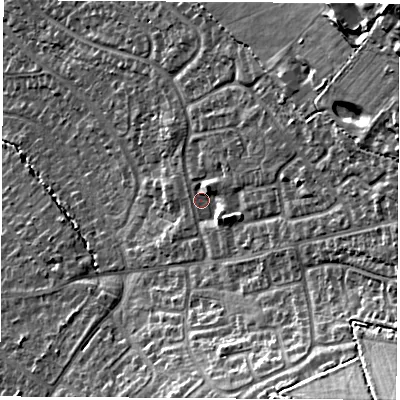 Shaded relief map of the ground around LE674TB, computed from Environment Agency LiDAR. The ground here sits at about 174 m above sea level and falls 37 m across the surrounding 800 m. Surface water reaching this point runs off ground lying to the east-north-east, 8.4 m higher.
