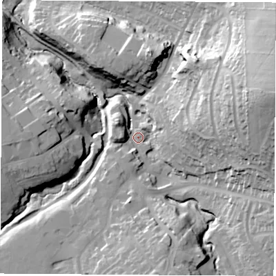Shaded relief map of the ground around LE675AG, computed from Environment Agency LiDAR. The ground here sits at about 132 m above sea level and falls 54 m across the surrounding 800 m. Surface water reaching this point runs off ground lying to the east-north-east, 44.8 m higher.