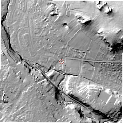 Shaded relief map of the ground around LE675AH, computed from Environment Agency LiDAR. The ground here sits at about 123 m above sea level and falls 65 m across the surrounding 800 m. Surface water reaching this point runs off ground lying to the east-north-east, 55.2 m higher.