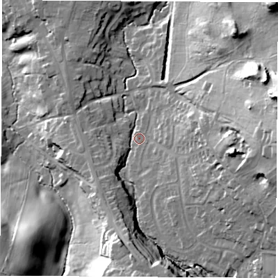 Shaded relief map of the ground around LE675AJ, computed from Environment Agency LiDAR. The ground here sits at about 115 m above sea level and falls 51 m across the surrounding 800 m. Surface water reaching this point runs off ground lying to the east, 31.7 m higher.