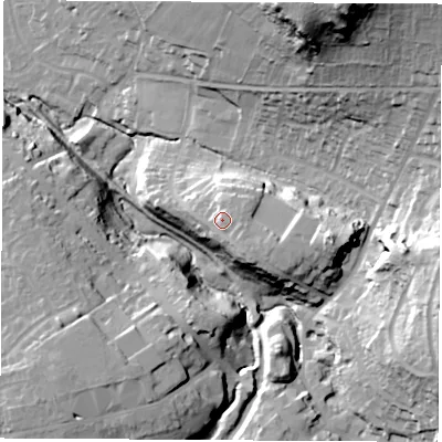 Shaded relief map of the ground around LE675AT, computed from Environment Agency LiDAR. The ground here sits at about 142 m above sea level and falls 61 m across the surrounding 800 m. Surface water reaching this point runs off ground lying to the south-east, 3.5 m higher.