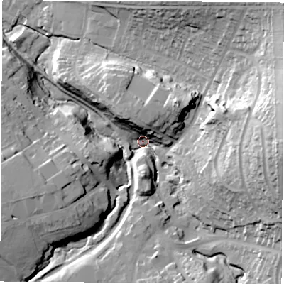 Shaded relief map of the ground around LE675BA, computed from Environment Agency LiDAR. The ground here sits at about 127 m above sea level and falls 53 m across the surrounding 800 m. Surface water reaching this point runs off ground lying to the east, 46.2 m higher.