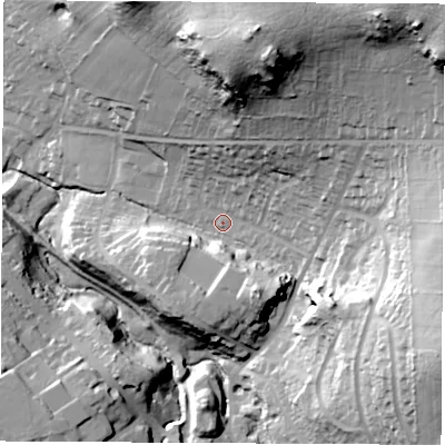 Shaded relief map of the ground around LE675BD, computed from Environment Agency LiDAR. The ground here sits at about 131 m above sea level and falls 64 m across the surrounding 800 m. Surface water reaching this point runs off ground lying to the north-east, 52.4 m higher.