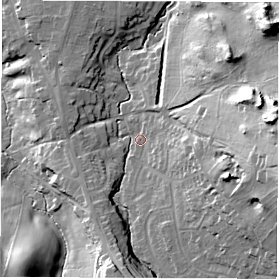 Shaded relief map of the ground around LE675BJ, computed from Environment Agency LiDAR. The ground here sits at about 115 m above sea level and falls 51 m across the surrounding 800 m. Surface water reaching this point runs off ground lying to the east, 34.7 m higher.
