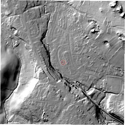 Shaded relief map of the ground around LE675BP, computed from Environment Agency LiDAR. The ground here sits at about 119 m above sea level and falls 53 m across the surrounding 800 m. Surface water reaching this point runs off ground lying to the east-north-east, 40.8 m higher.