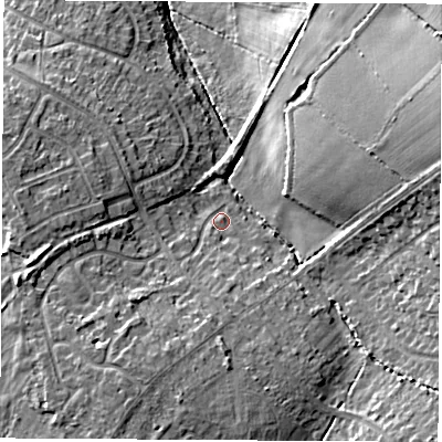 Shaded relief map of the ground around LE675DB, computed from Environment Agency LiDAR. The ground here sits at about 162 m above sea level and falls 15 m across the surrounding 800 m. Surface water reaching this point runs off ground lying to the south-south-west, 7.6 m higher.