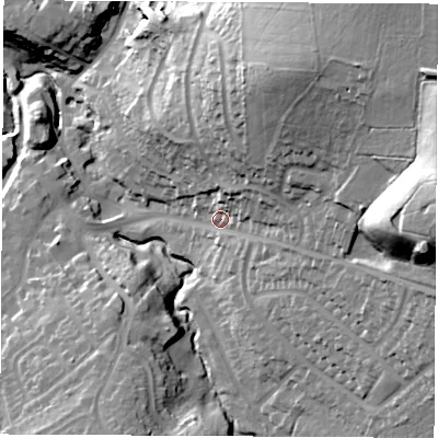 Shaded relief map of the ground around LE675GN, computed from Environment Agency LiDAR. The ground here sits at about 145 m above sea level and falls 63 m across the surrounding 800 m. Surface water reaching this point runs off ground lying to the east, 44.4 m higher.
