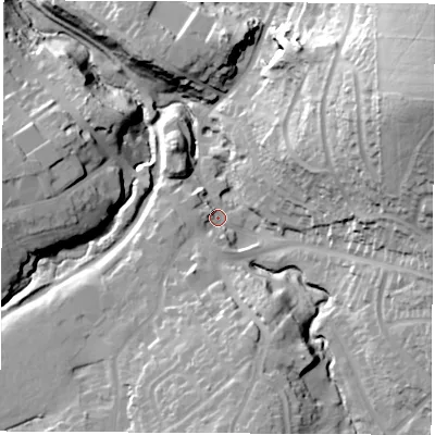 Shaded relief map of the ground around LE675GZ, computed from Environment Agency LiDAR. The ground here sits at about 134 m above sea level and falls 53 m across the surrounding 800 m. Surface water reaching this point runs off ground lying to the south, 20.8 m higher.
