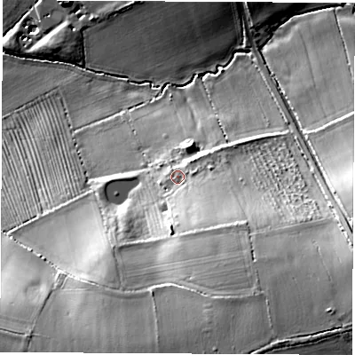 Shaded relief map of the ground around LE676PA, computed from Environment Agency LiDAR. The ground here sits at about 121 m above sea level and falls 34 m across the surrounding 800 m. Surface water reaching this point runs off ground lying to the south-south-east, 10.0 m higher.