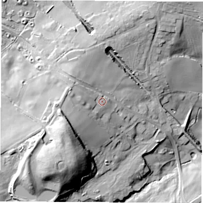 Shaded relief map of the ground around LE678JH, computed from Environment Agency LiDAR. The ground here sits at about 120 m above sea level and falls 44 m across the surrounding 800 m. Surface water reaching this point runs off ground lying to the west-south-west, 13.5 m higher.