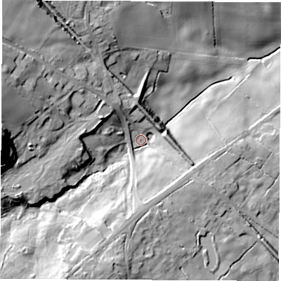 Shaded relief map of the ground around LE678JT, computed from Environment Agency LiDAR. The ground here sits at about 99 m above sea level and falls 39 m across the surrounding 800 m. Surface water reaching this point runs off ground lying to the south-south-west, 21.7 m higher.
