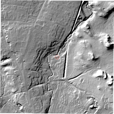 Shaded relief map of the ground around LE678LX, computed from Environment Agency LiDAR. The ground here sits at about 112 m above sea level and falls 54 m across the surrounding 800 m. Surface water reaching this point runs off ground lying to the south-east, 37.9 m higher.