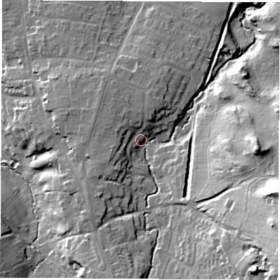 Shaded relief map of the ground around LE678LY, computed from Environment Agency LiDAR. The ground here sits at about 114 m above sea level and falls 45 m across the surrounding 800 m. Surface water reaching this point runs off ground lying to the south-east, 28.2 m higher.