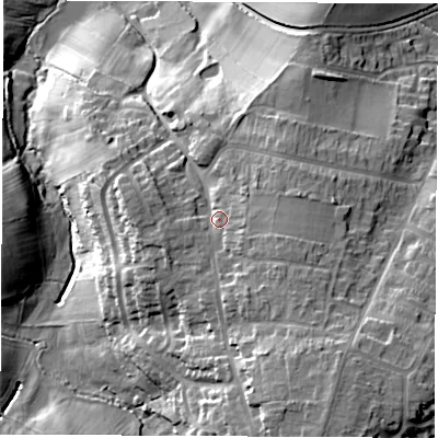 Shaded relief map of the ground around LE678NB, computed from Environment Agency LiDAR. The ground here sits at about 112 m above sea level and falls 29 m across the surrounding 800 m. Surface water reaching this point runs off ground lying to the south-east, 5.7 m higher.