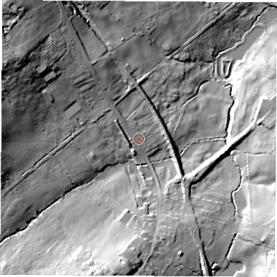 Shaded relief map of the ground around LE678QP, computed from Environment Agency LiDAR. The ground here sits at about 104 m above sea level and falls 32 m across the surrounding 800 m. Surface water reaching this point runs off ground lying to the west-north-west, 27.1 m higher.