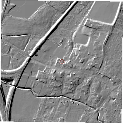Shaded relief map of the ground around LE71AE, computed from Environment Agency LiDAR. The ground here sits at about 53 m above sea level and falls 8 m across the surrounding 800 m. Surface water reaching this point runs off ground lying to the east-south-east, 2.2 m higher.